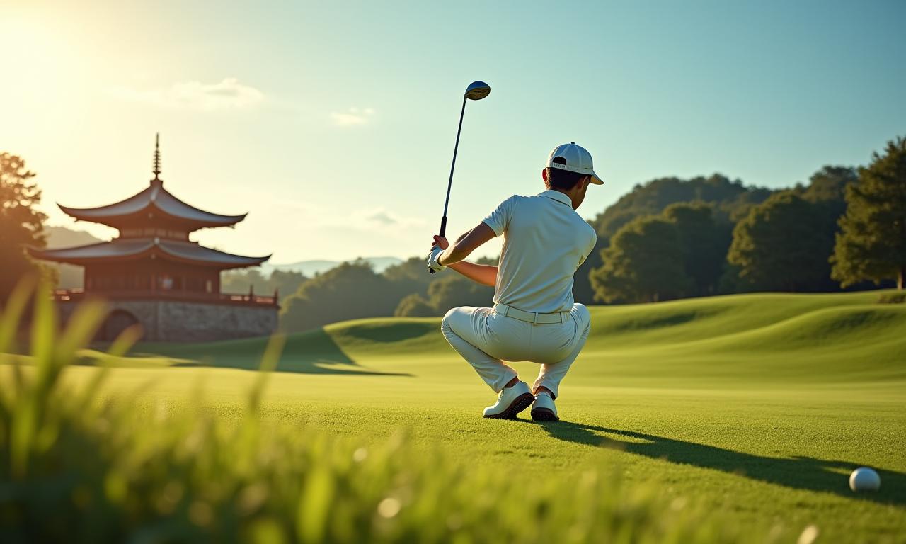 日本の美しいゴルフコースでスタイリッシュにスイングするゴルファー