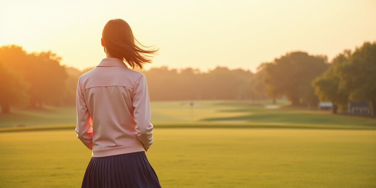 風になびくフェアウェイで遠くを見つめるゴルフウェアを着た女性
