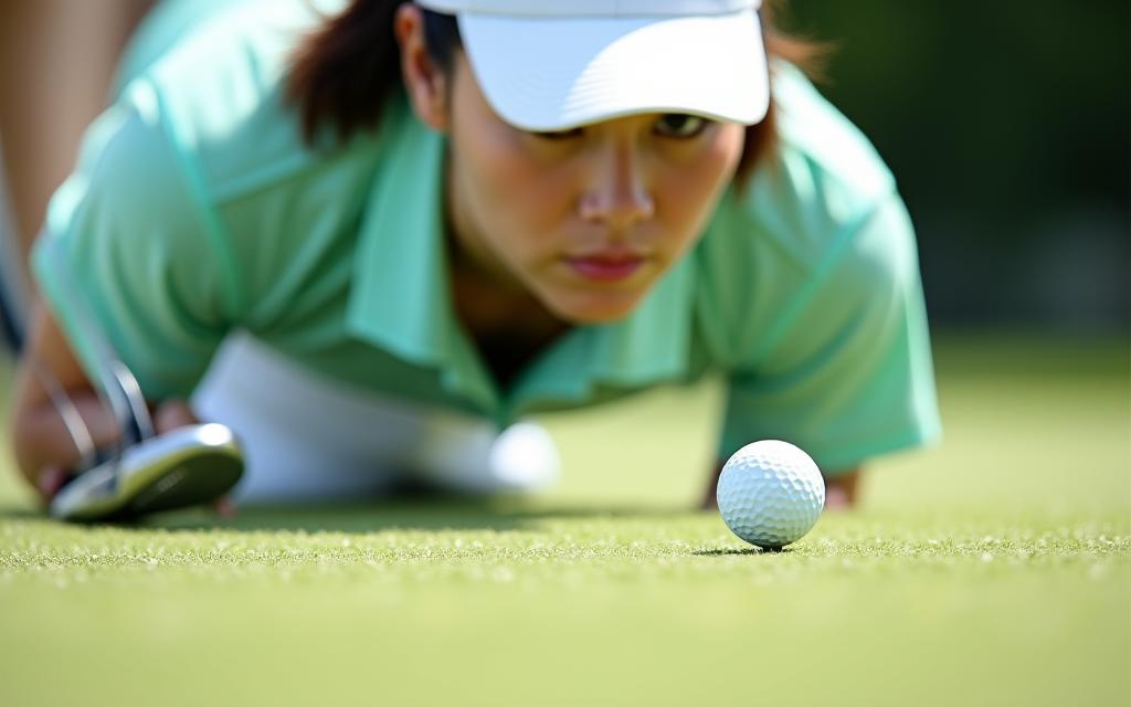 パッティンググリーンで集中してパットを打つ女性ゴルファー